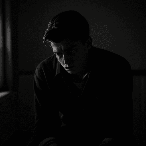 AI generated: A ((best quality)) portrait of a very lonely and sad young man. He is sitting alone in a dimly lit r...