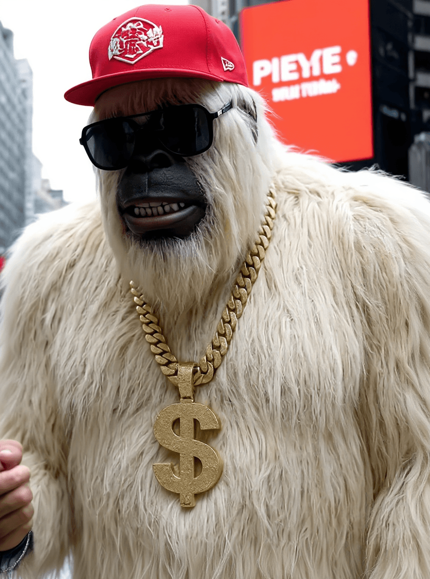AI generated: make realistic like veo3, bigfoot white style hiphop with chaine gold with sigle $ and cap red 