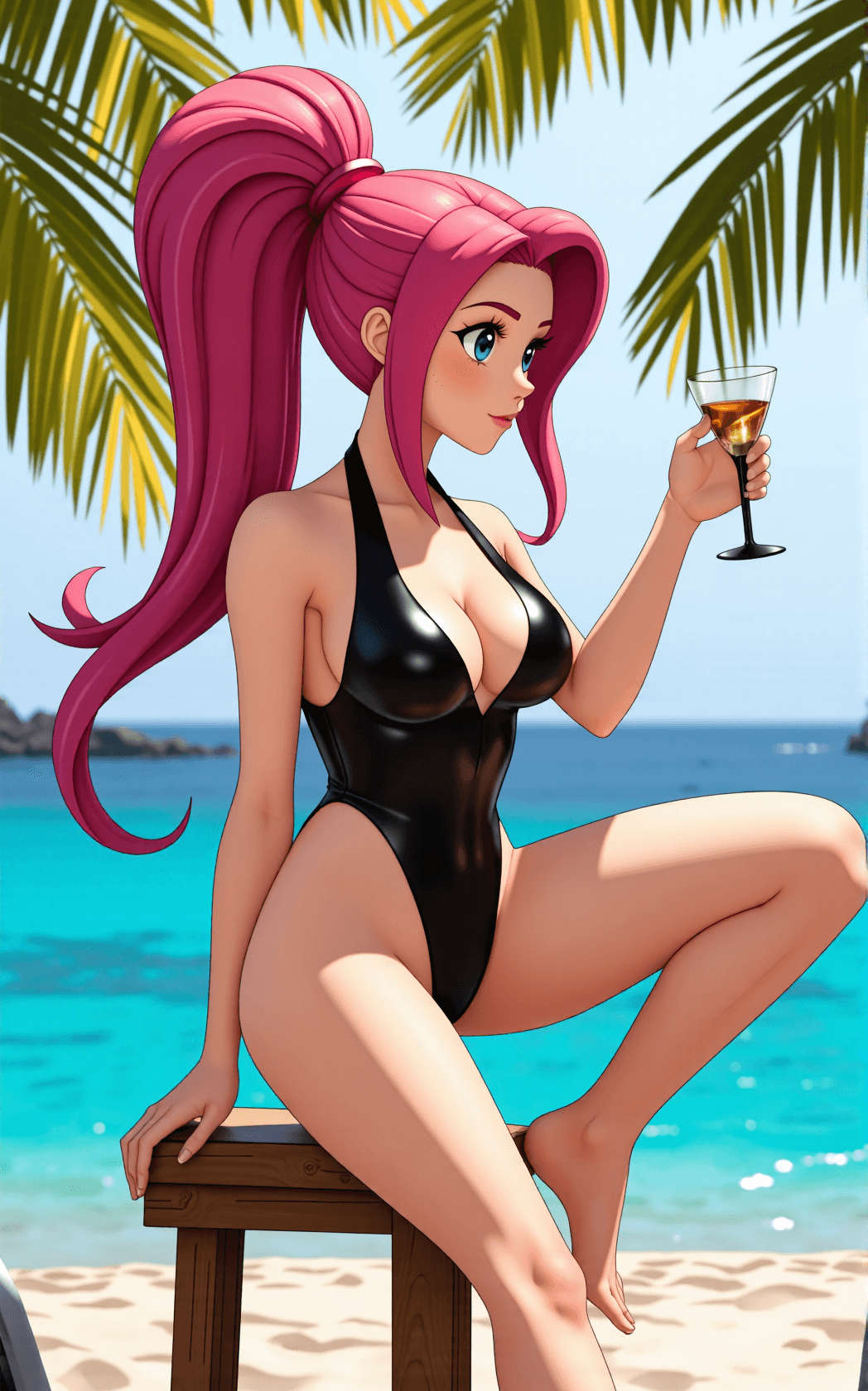 AI generated: A stylized Jesse from Team Rocket perches on a weathered wooden stool at the shoreline, posture rela...