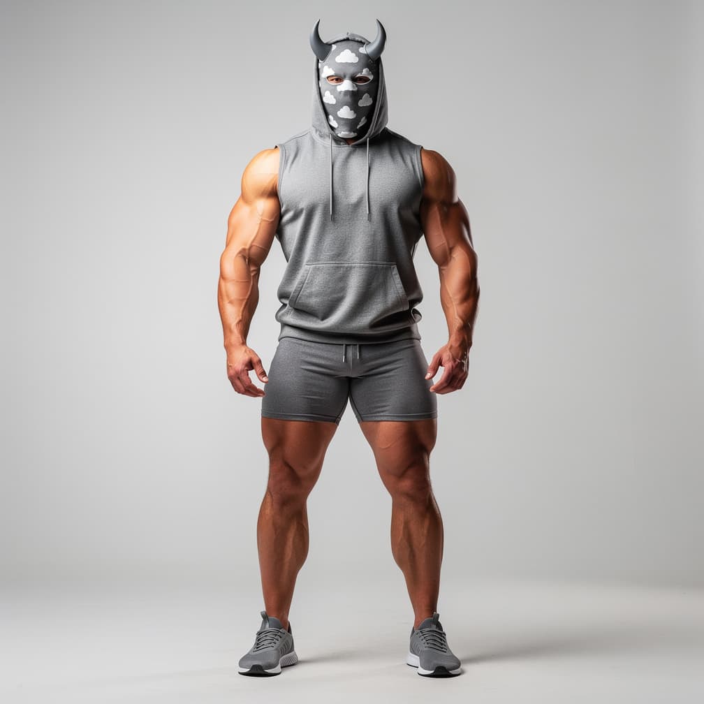 AI generated: A big muscular man wearing grey short shorts and a grey short with no sleeves and a hood  plus a gre...