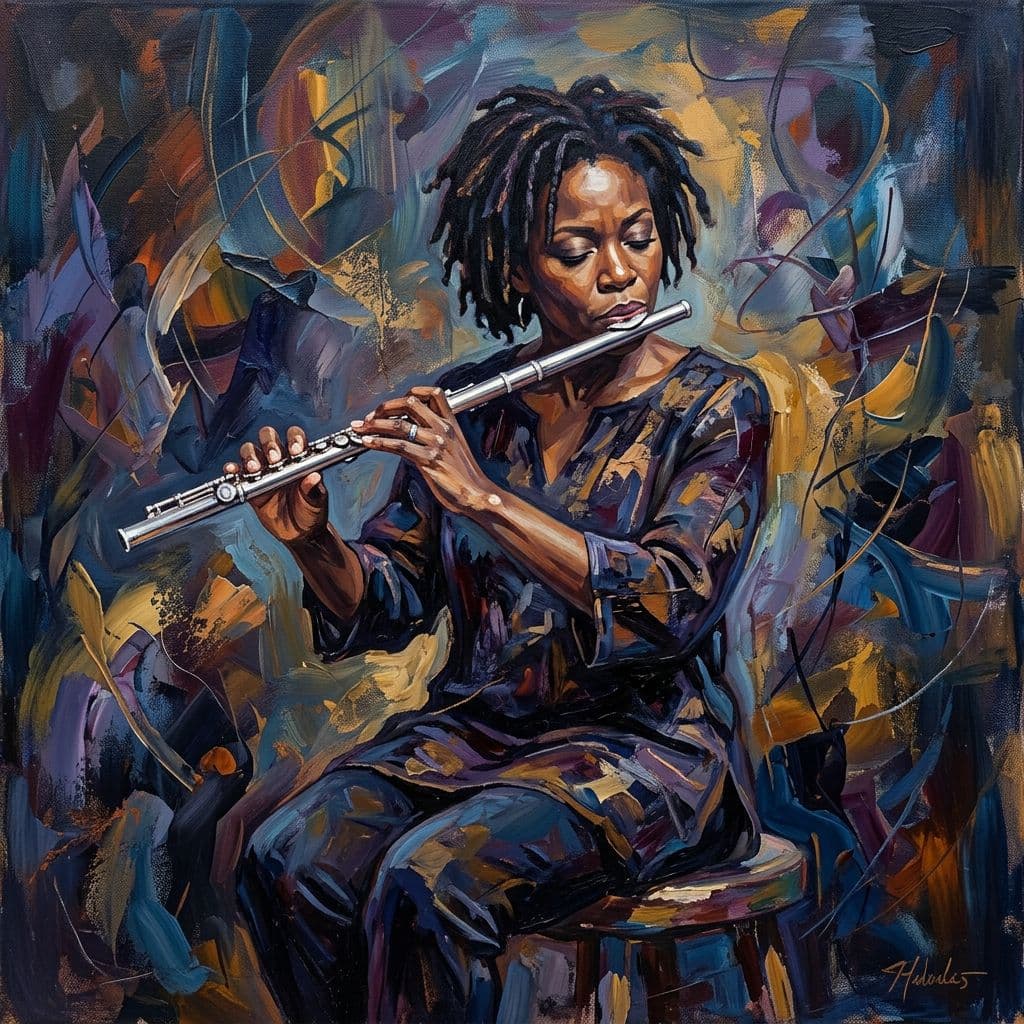 AI generated: Serious African American female musician playing a flute, abstract style, introspective mood