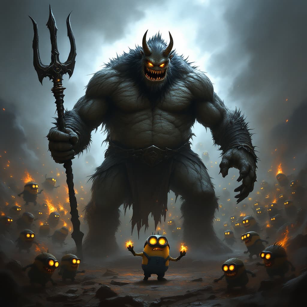 AI generated: A powerful and imposing king minion, larger and more muscular than the smaller creatures, yet still ...