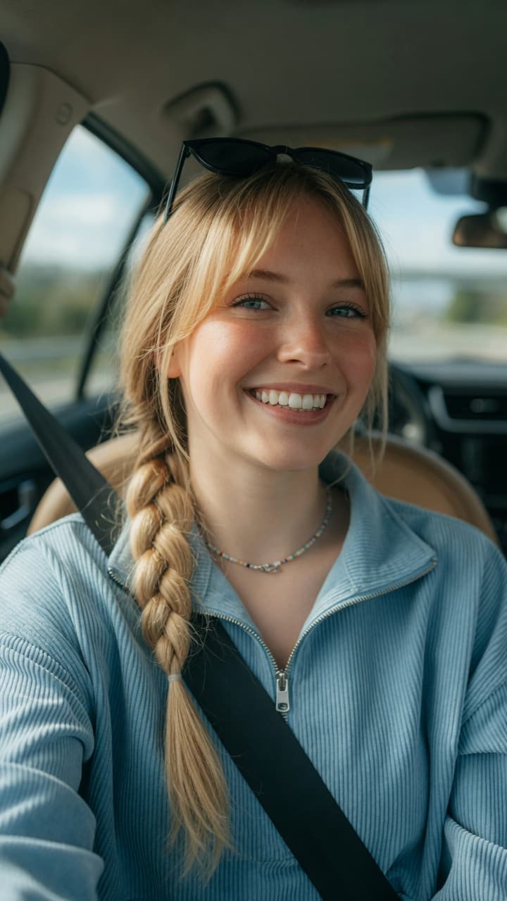 AI generated: Ultra-realistic portrait photograph of a beautiful young woman in her early 20s sitting in the drive...