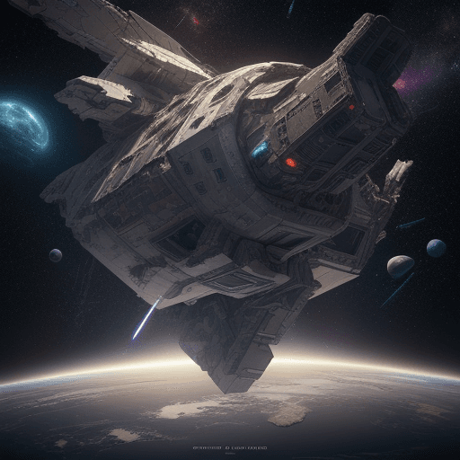 AI generated: Spaceship wreckage, block shaped, floating in space, remove planets, nebulae, stars, explosions on s...
