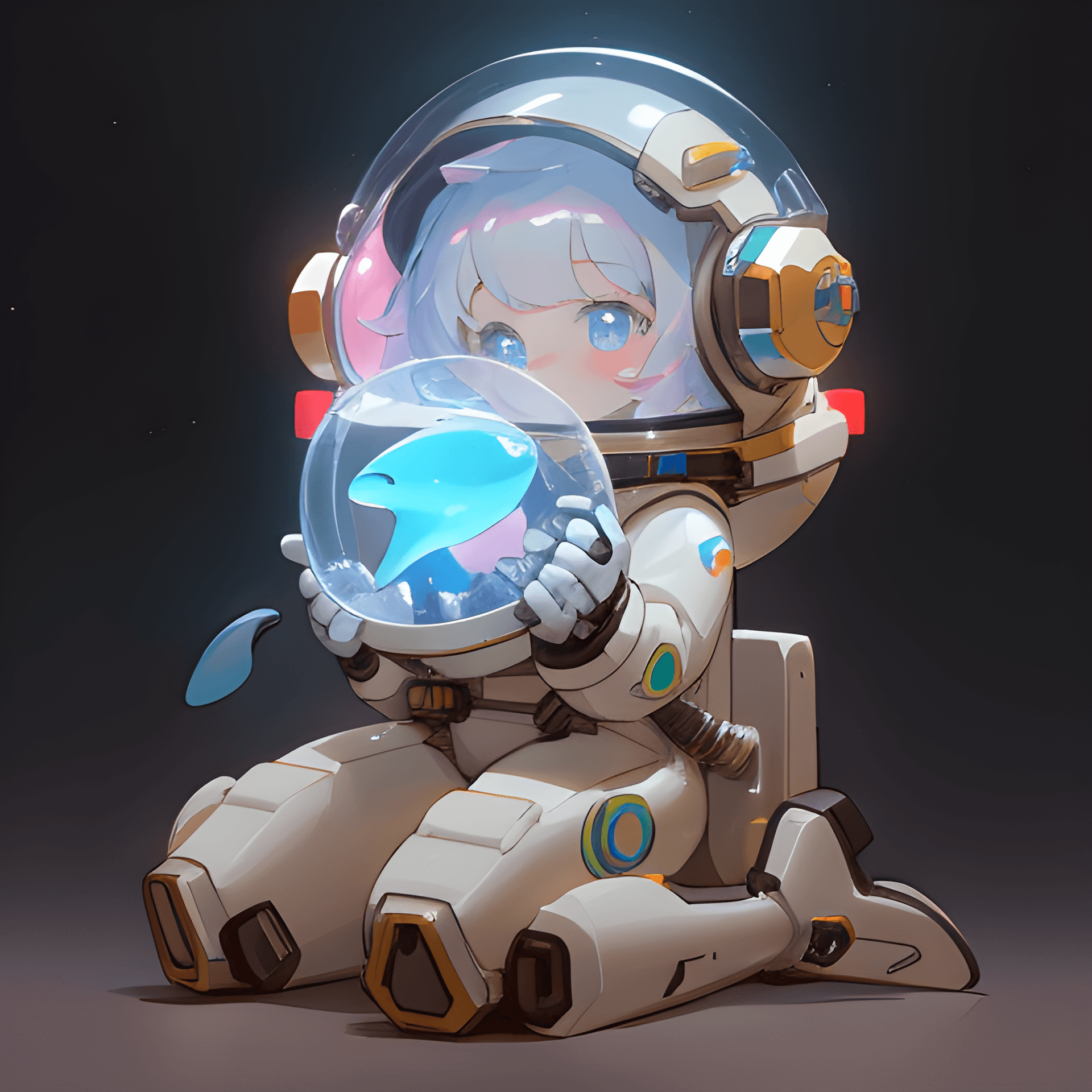 AI generated: a girl in a space suit holding a glowing object, by Russell Dongjun Lu, cute monster character desig...