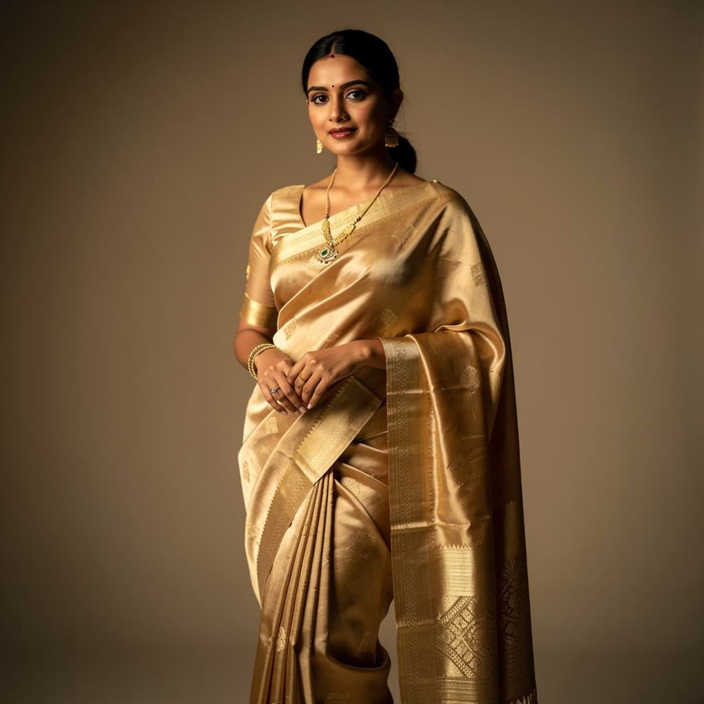 AI generated: GENERATE A MODEL WITH BIG BUSTY FEMALE INDIAN SIL K TRANSPARENT SAREE WITH CURVES VISIBLE