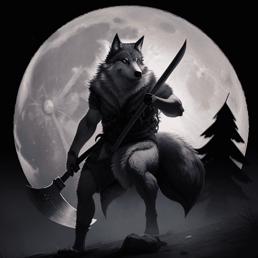 AI generated: a wolf wearing a blindfold over its eyes carrying a axe with a full moon behind him, hyper realistic...