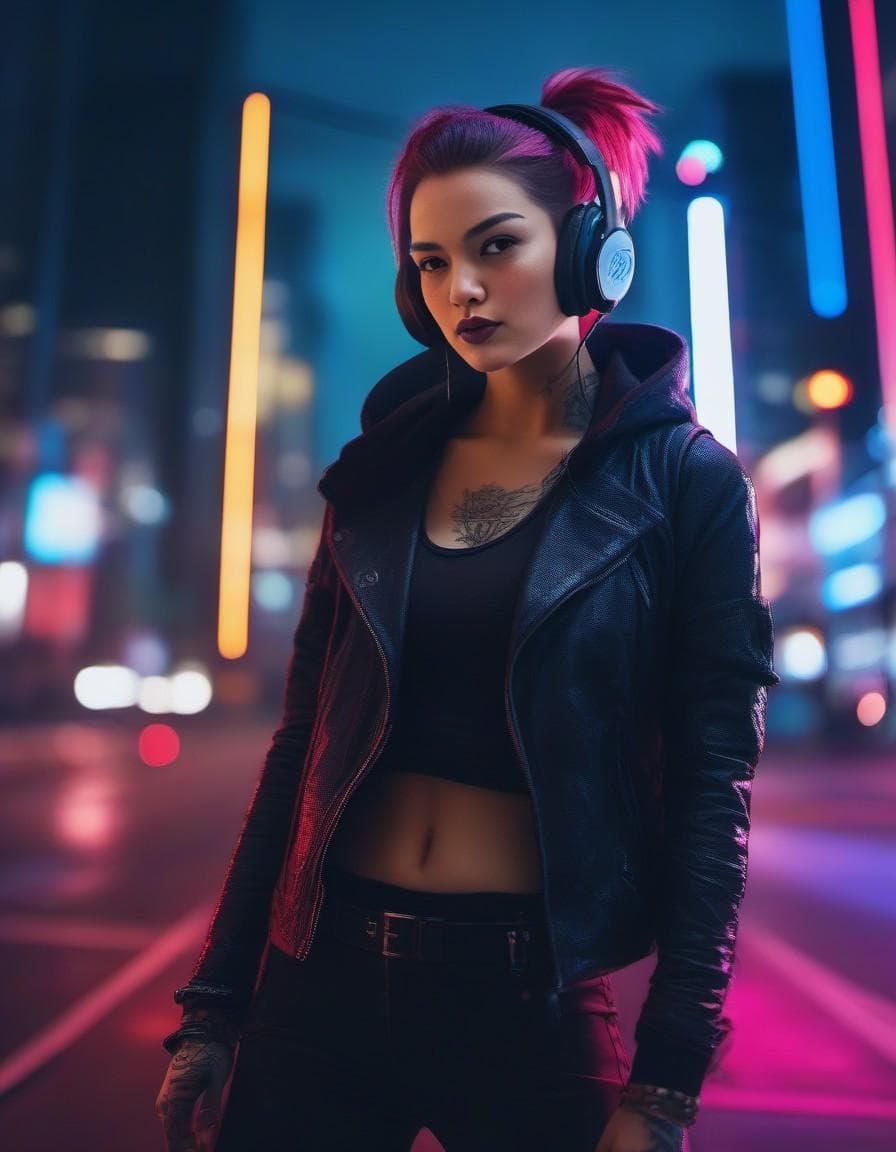 AI generated: (film stock), (extremely detailed CG unity 8k wallpaper) full body portrait of a cyberpunk woman lea...
