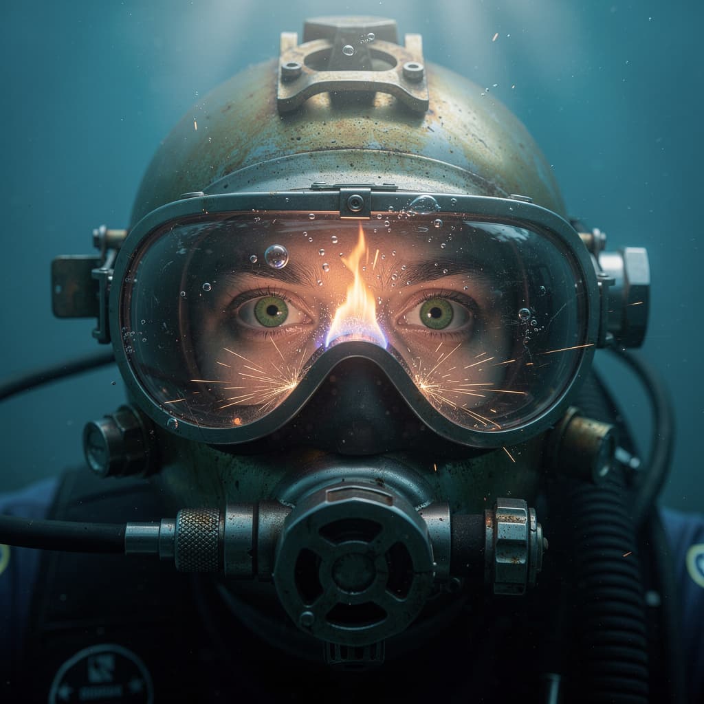 AI generated: genera una imagen que muestre el reflejo en las gafas de un soldador submarino. quiero que en el ref...