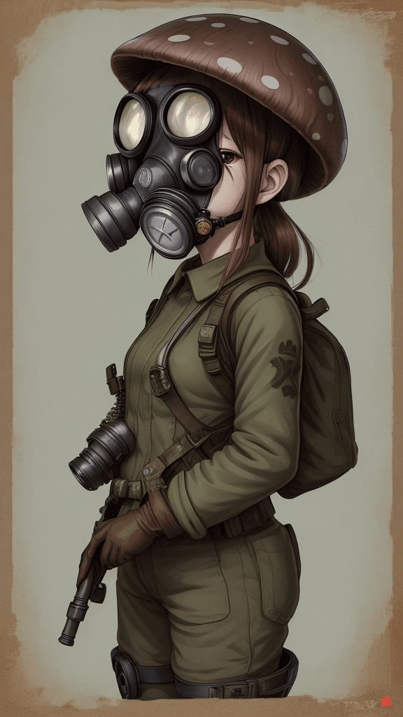 AI generated: portrait of a little mushroom woman. Wearing a gas mask. Prominent eyes, azuki illustration, anime, ...
