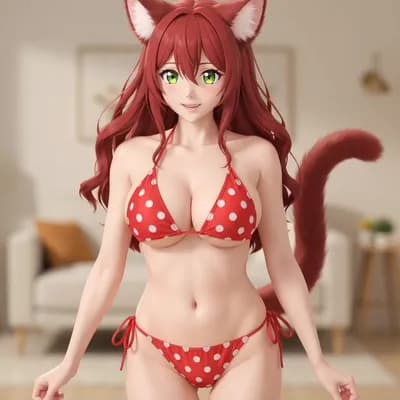 AI generated video: A redhead catgirl with cat ears and tail bouncing up and down in her bikini
