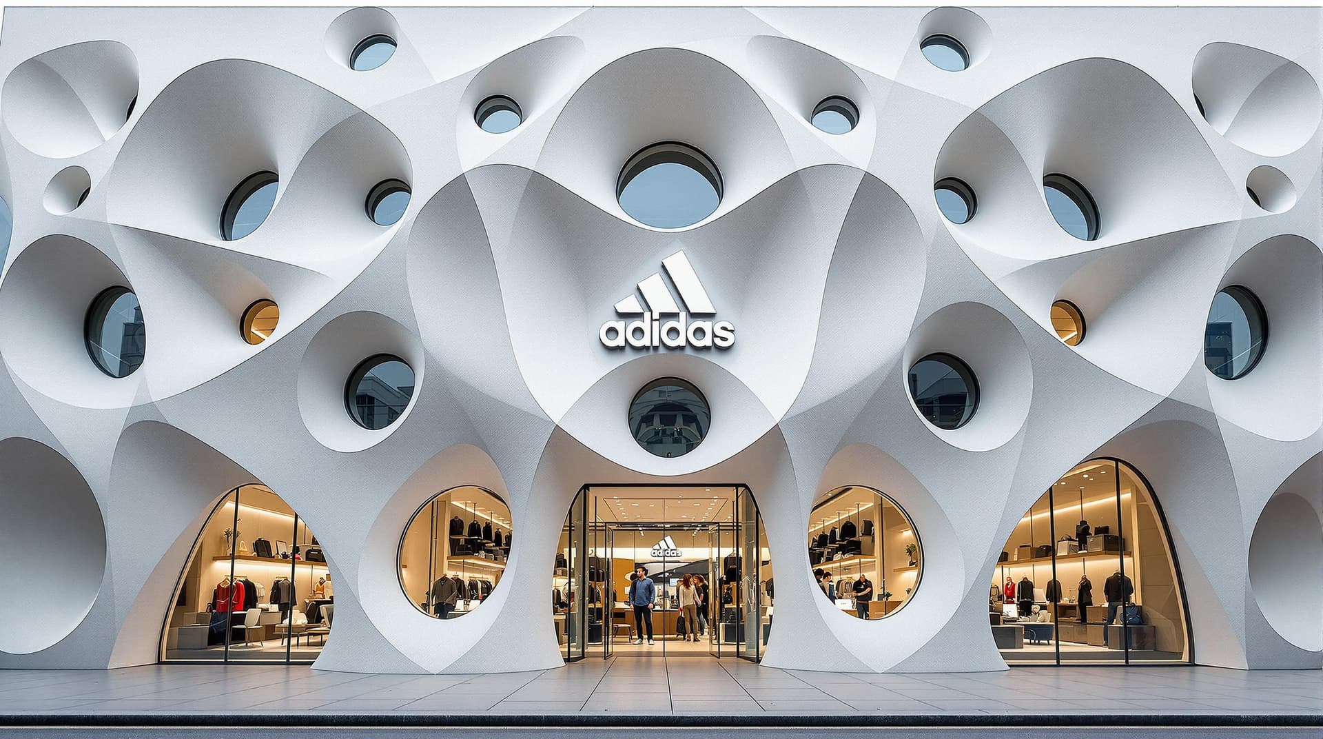 AI generated: symmetrically mirrored, An adidas store facade made of parametric organic shapes, Architectural phot...