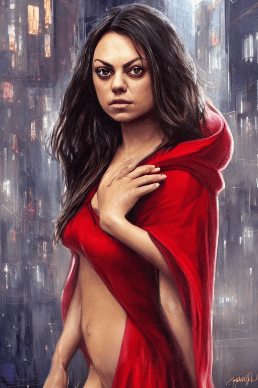 AI generated: mila kunis, image of a Red riding hood by Stanley Artgerm lu, full body scene, nude, nsfw, long hair...
