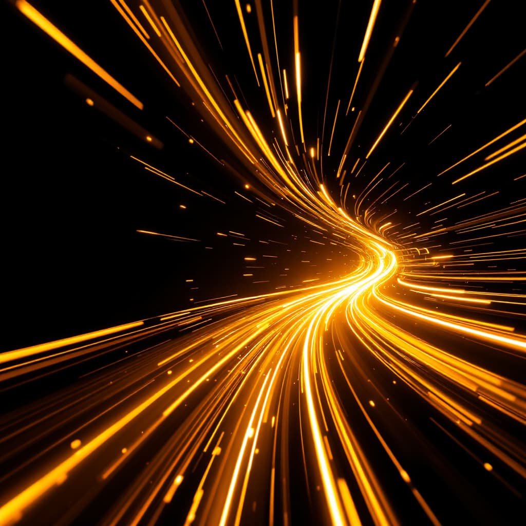 AI generated: A long-exposure abstract photograph displays golden light trails radiating outward in dynamic, sweep...