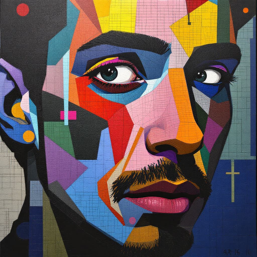 AI generated: illustration, art, man, face, gaze, mosaic, mondrian, consisting random colors, black outline, patte...