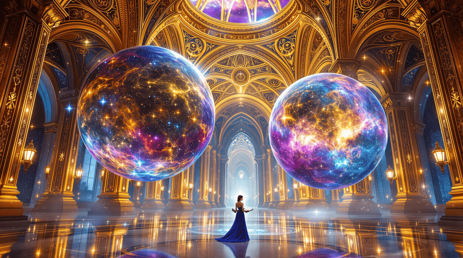 AI generated: (Ultra-high resolution, Hyper-detailed, Majestic celestial library:1.5) a breathtaking fantasy inter...