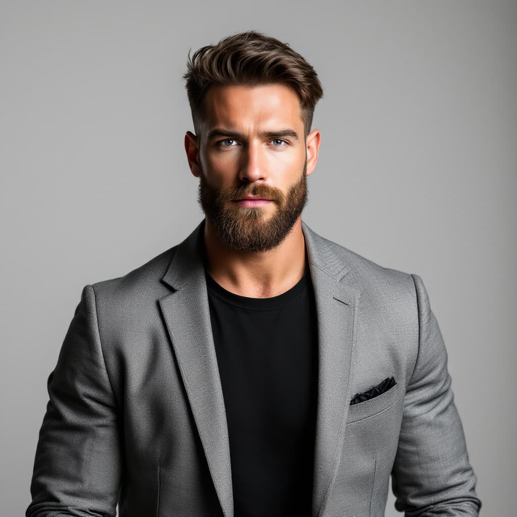 AI generated: Crisp studio image of a 41-year-old white American man, athletic build, trimmed beard, grey fitted b...