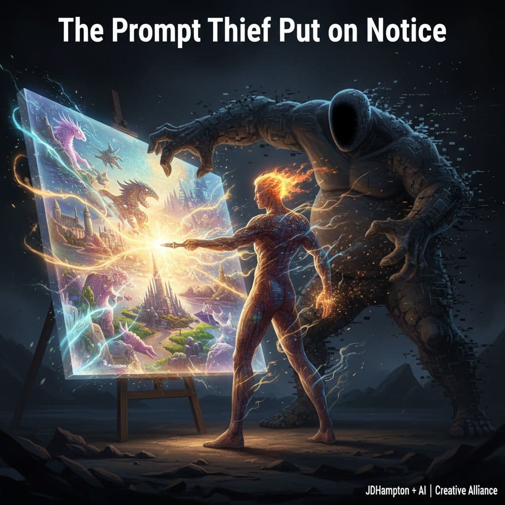 AI generated: Here is the prompt tribute, designed to visualize the standoff between the creator and the thief.
...