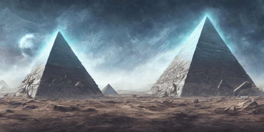 AI generated: an alien pyramid landscape , art station, landscape, concept art, illustration, highly detailed artw...