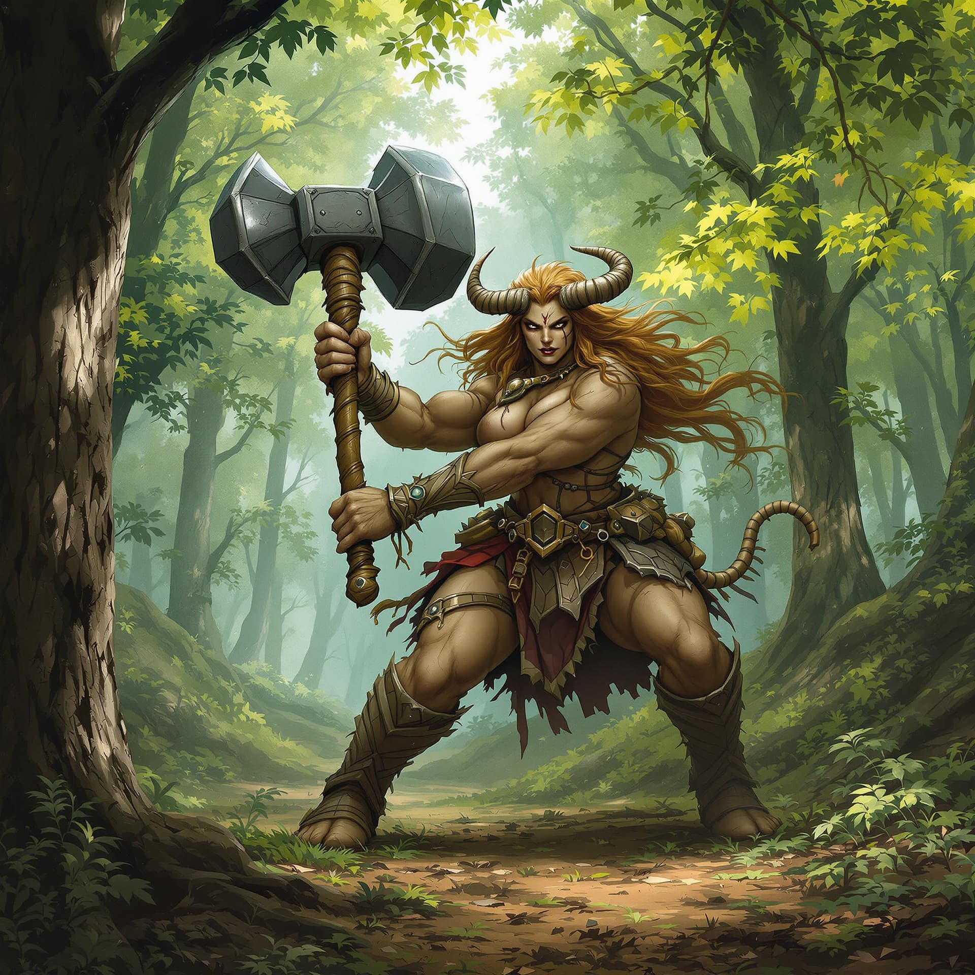 AI generated: large female centaur carrying a war hammer in a forest setting