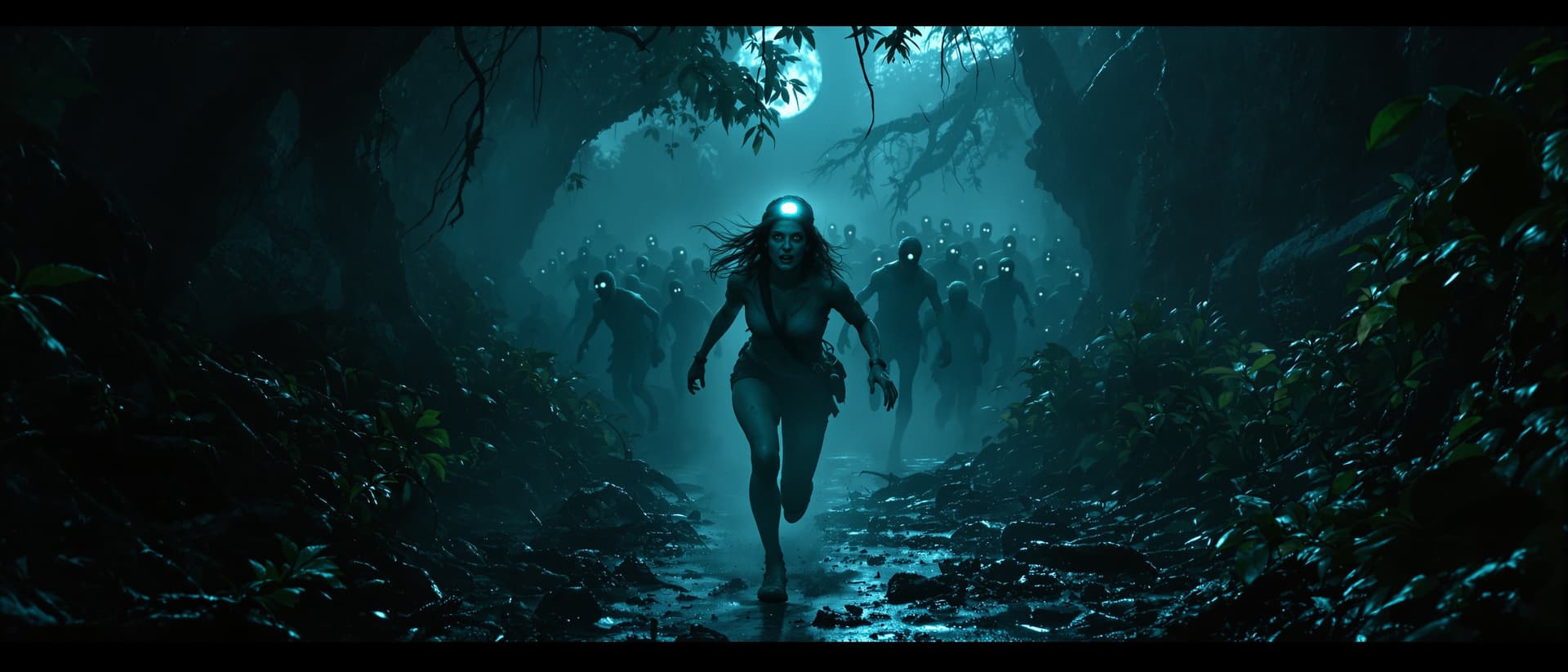 AI generated: A terrified female archaeologist running through a dense jungle at night, chased by an army of hundr...