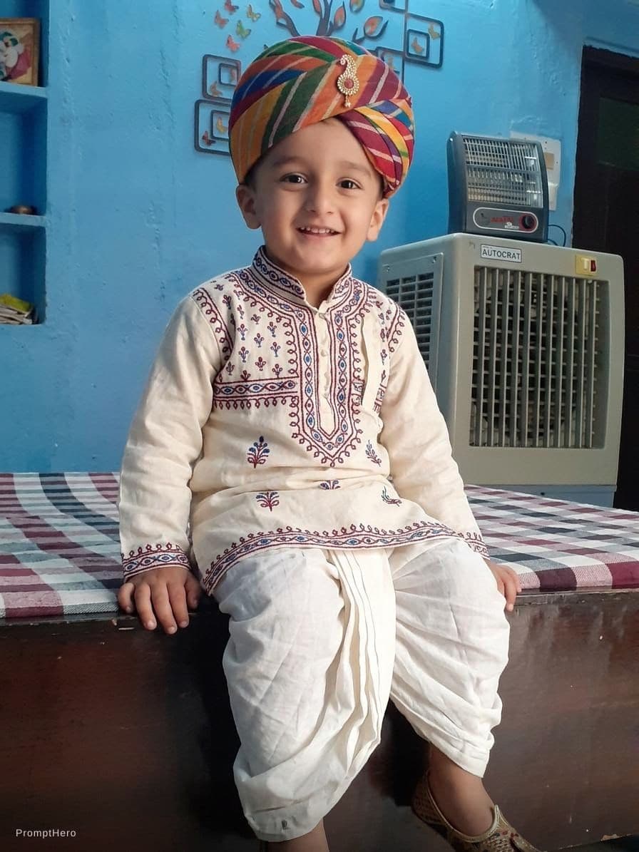 AI generated: a cute baby in haryanvi dress including dhoti kurta and pagdi 
