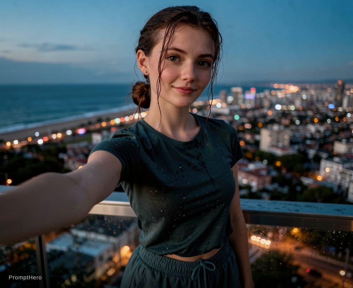 AI generated: A documentary-style photograph of a young woman on a high balcony, just after swimming. Her long hai...