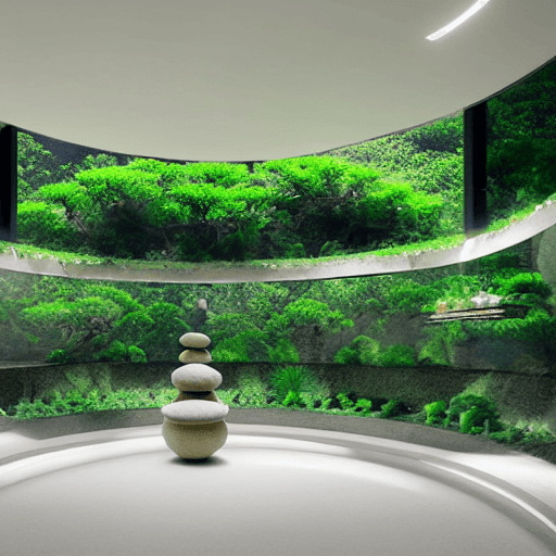 AI generated: clean futuristic curved underground zen room for meditation with crystals and bonsai plants, organic...