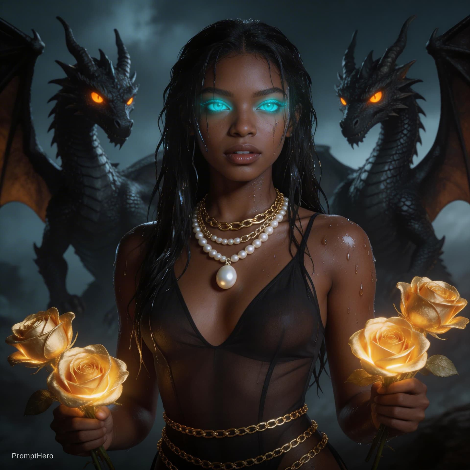 AI generated: **PROMPT POSITIVO:**
```
A stunning fantasy woman with long wet black hair, striking glowing cyan tu...