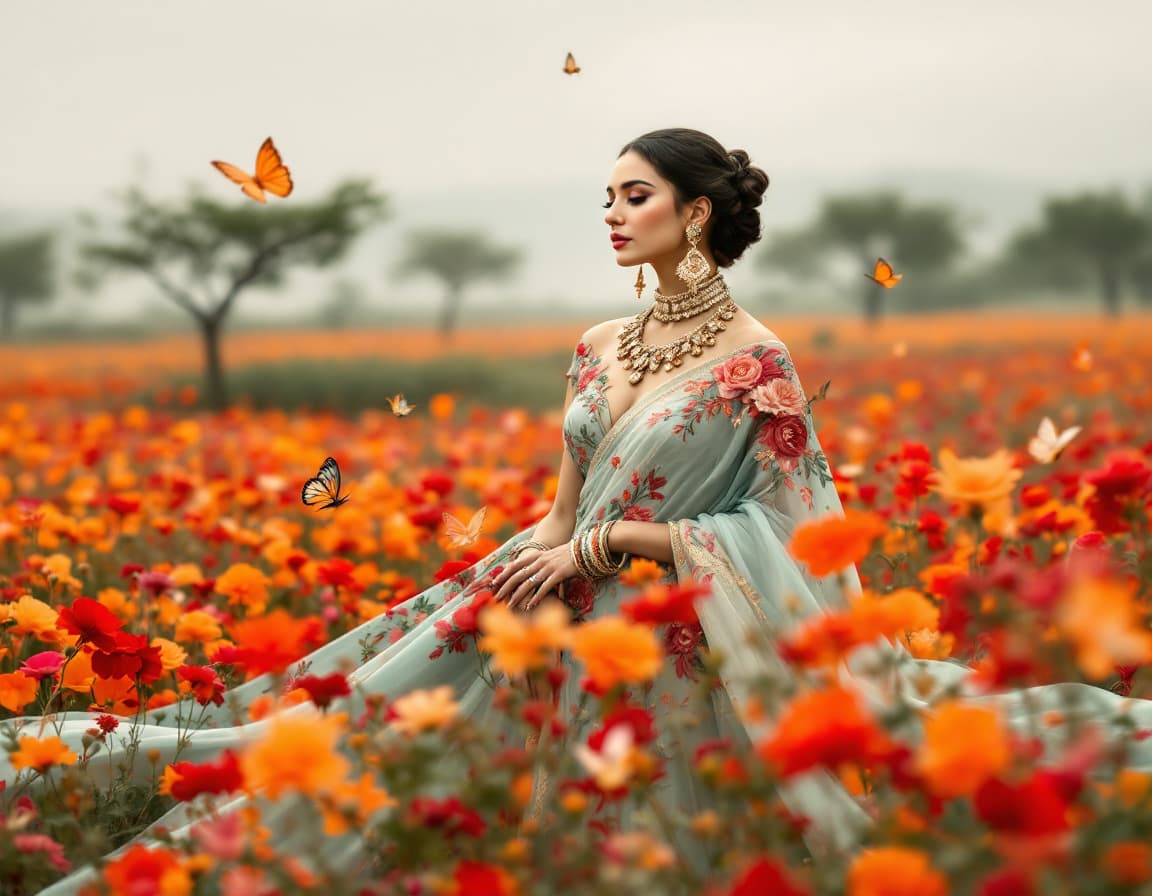 AI generated: The image portrays an elegantly standing in a field of vibrant red and orange flowers. Their outfit ...