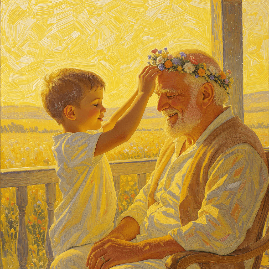 AI generated: A tender moment on a sunlit porch: a little boy gently places a crown of wildflowers on his grandfat...