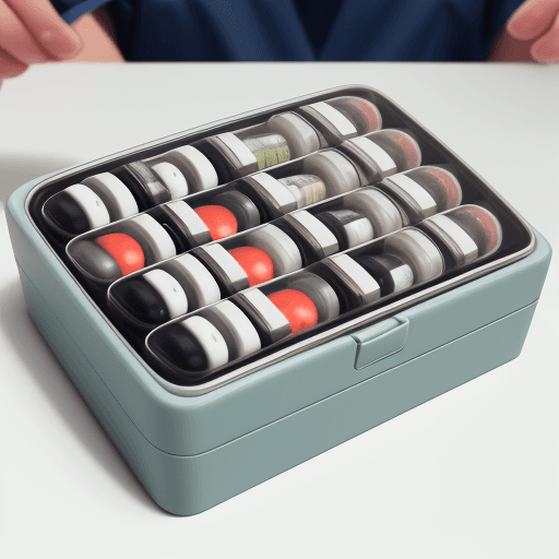 AI generated: close-up photograph of a medical pill box with every day of the week and one person hands touching i...