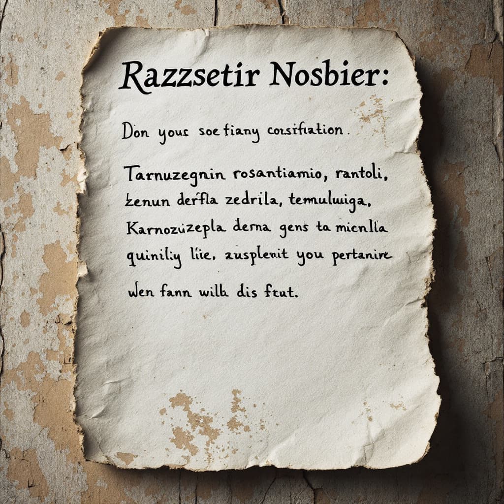 AI generated: una carta en un papel deteriorado con el siguiente mensaje: Razzsetiir Nosbiieir.

Tarnuzegnin rosan...