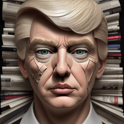 AI generated: pensive face made entirely of newspapers,donald trump face,face slowly disintegrating,detailed lips,...