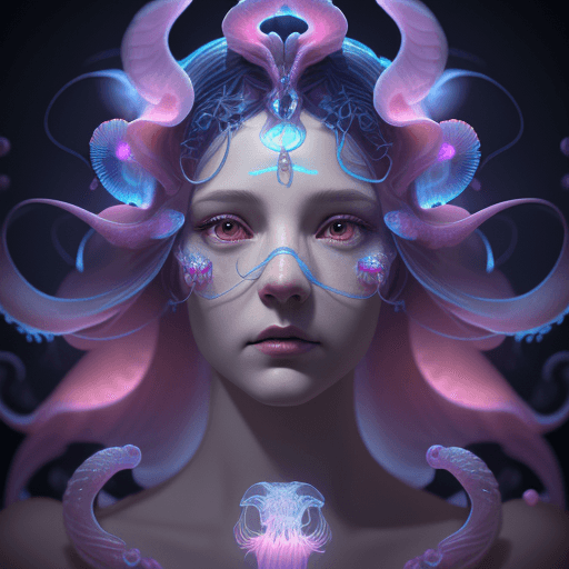 AI generated: Goddess close-up portrait ribcagel. jellyfish phoenix head, nautilus, orchid, skull, betta fish, bio...