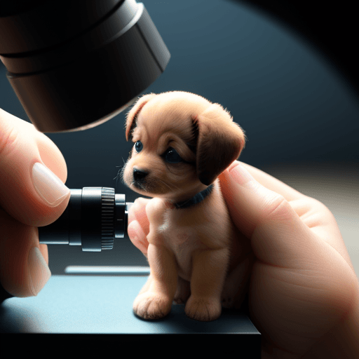 AI generated: tiny puppy being viewed through a microscope, side angle