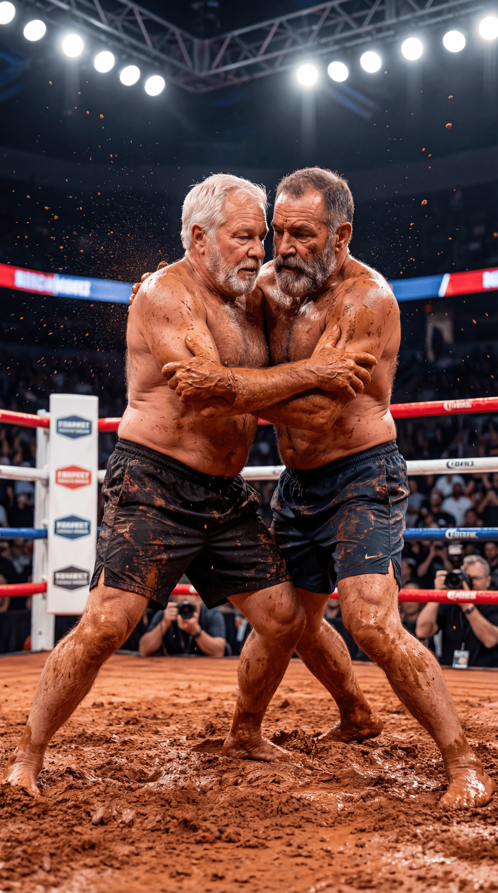 AI generated: PROFESSIONAL SPORTS BROADCAST PHOTOGRAPH — AMERICAN RED CLAY MUD WRESTLING — VERTICAL 9:16

ASPECT /...