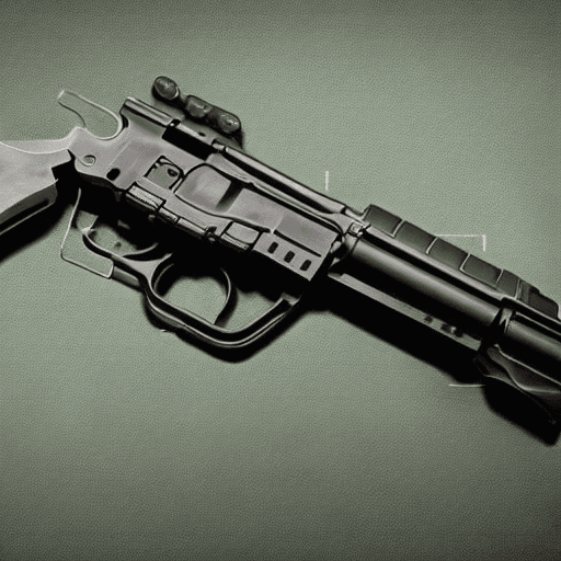 AI generated: gun diagram, gun blueprint, gun schematic, gun map, revolver, futuristic, black background, clear im...