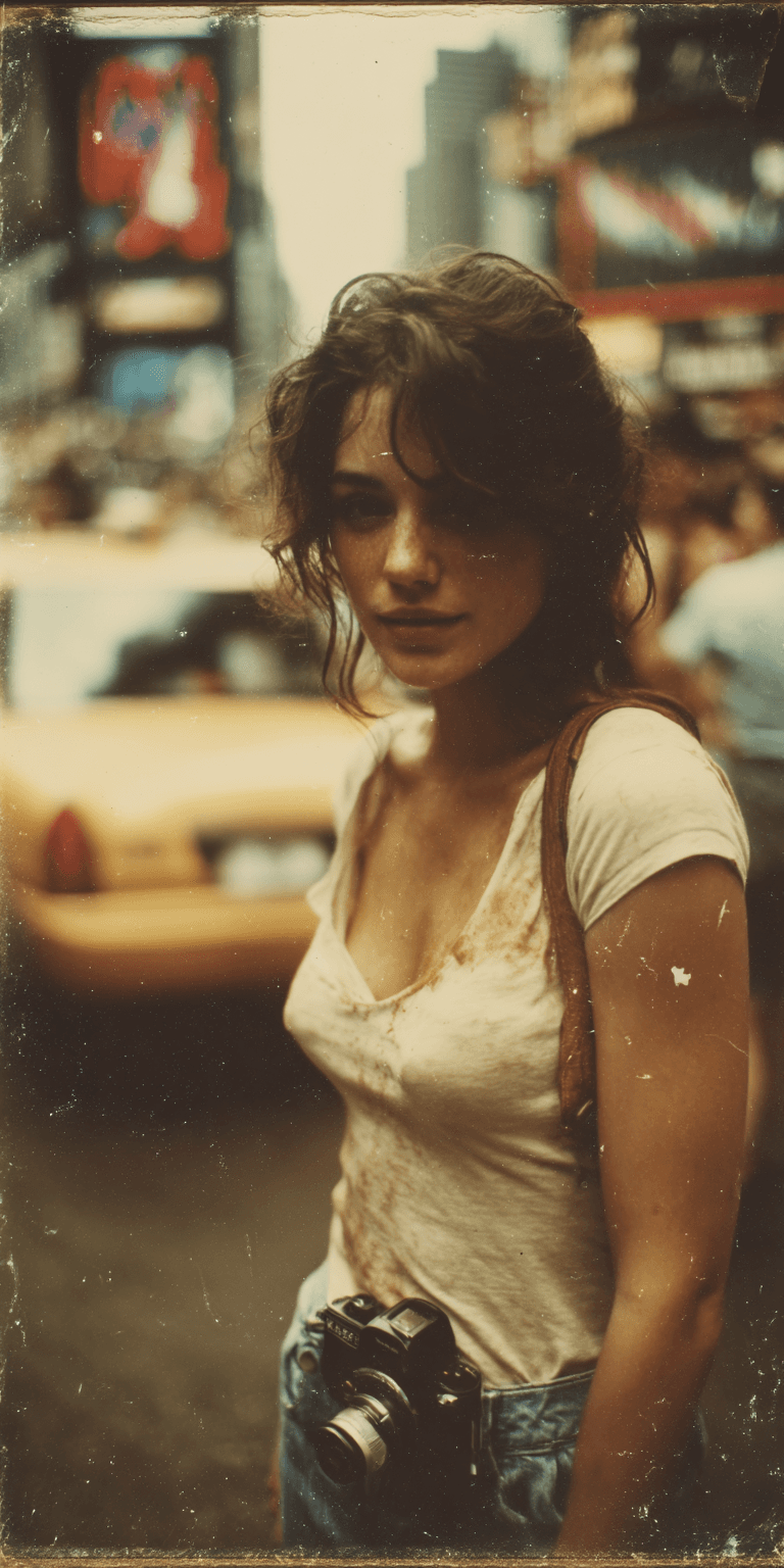 AI generated: woman, city street, in the style of Polaroid photography --no freckles --chaos 75 --ar 1:2 --profile...