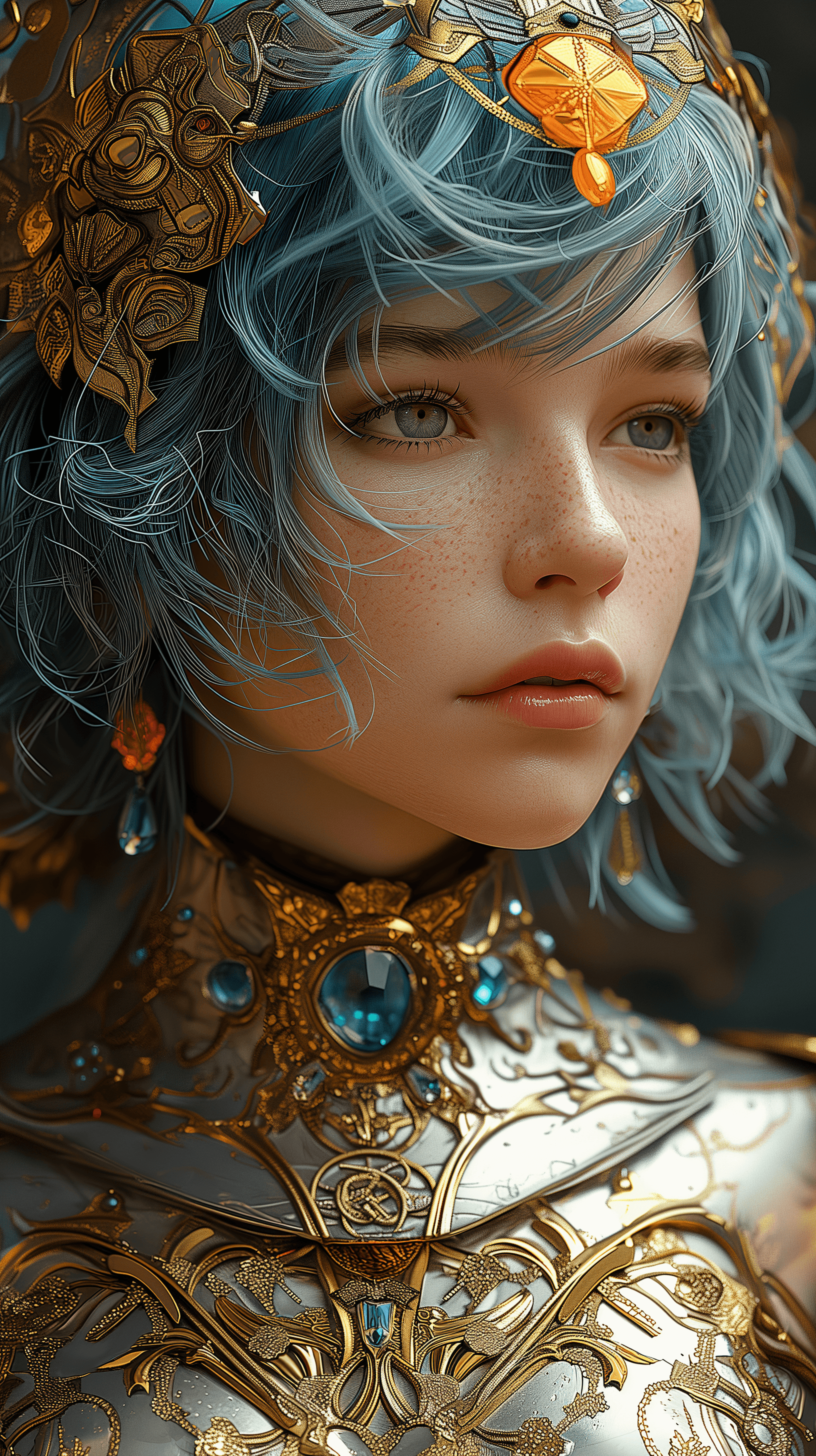 AI generated: beautiful female warrior, short blue hair, shimmering jewels armor, in the style of Alfons Mucha, wi...