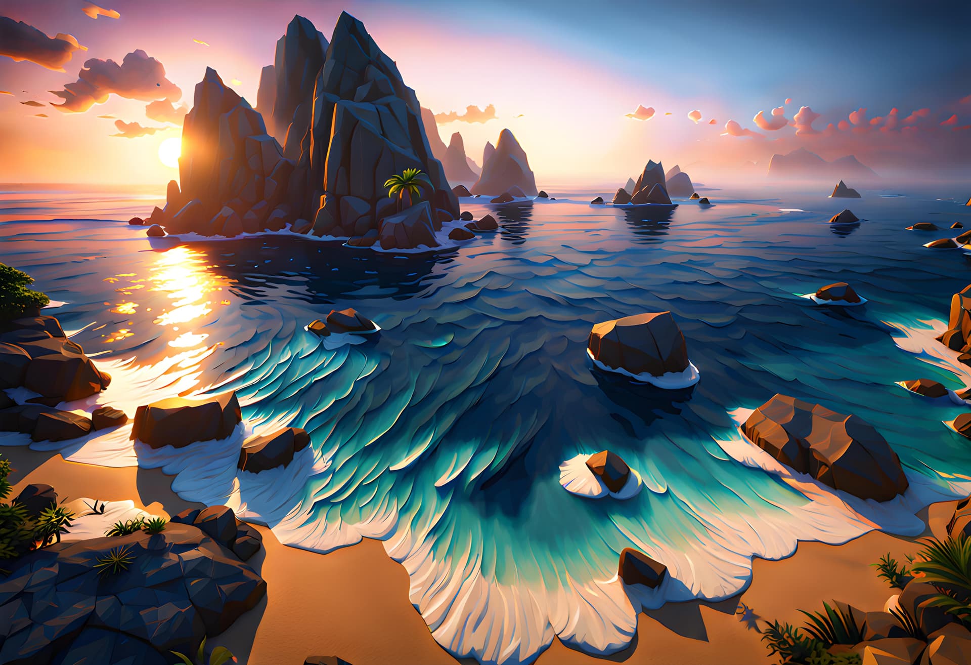 AI generated: extremely detailed CG unity 8k wallpaper, dazzling waves, huge low poly rocks, 4k, uhd, extremely de...