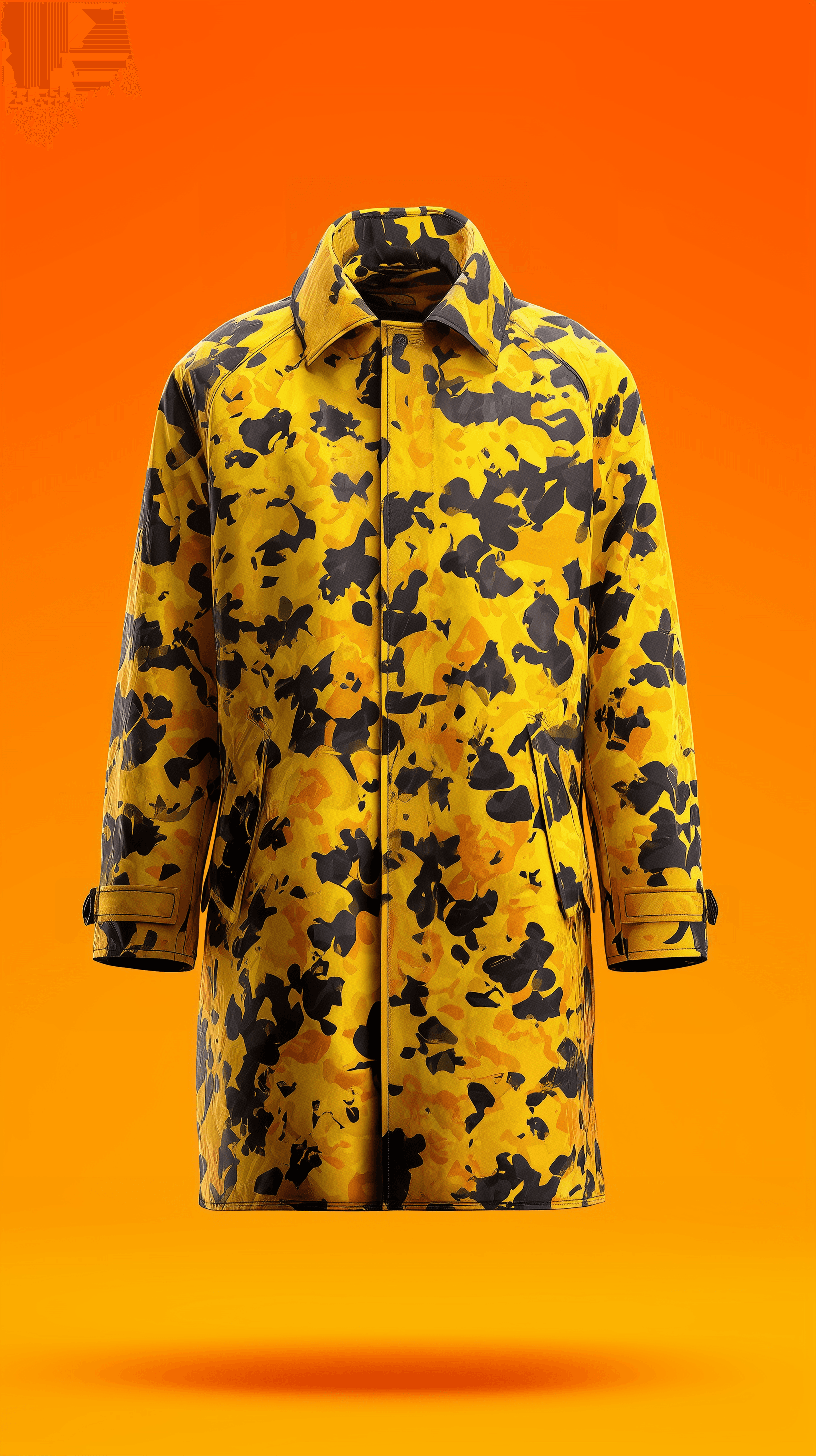 AI generated: mock-up, central front composition, trench coat, yellow and black colors fabric, seamless camouflage...