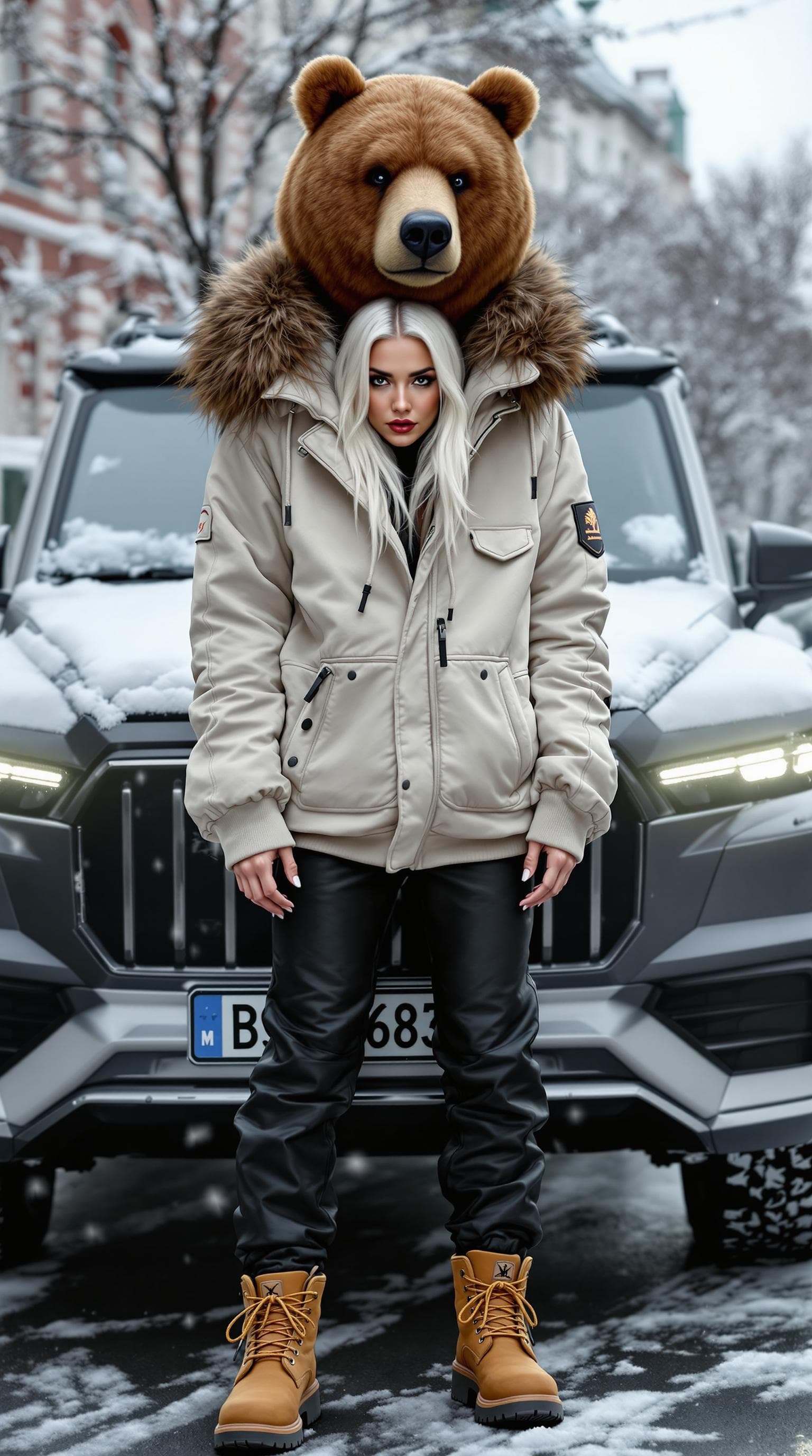 AI generated: A striking woman with platinum blonde hair, dressed in a Ulyana Sergeenko hoodie with fur accents, p...