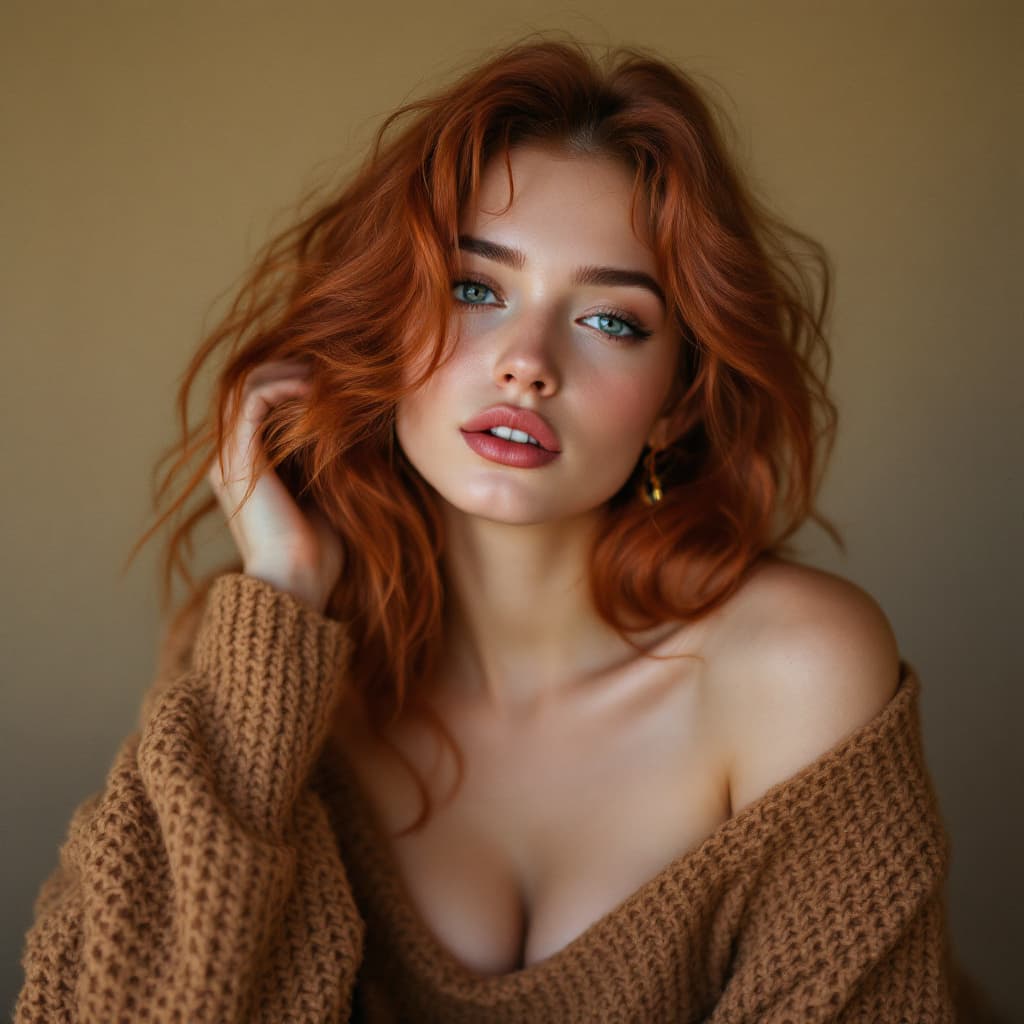 AI generated:  In high definition, surreal, psychedelic, and trippy A woman with wavy red hair, wearing an off-sho...