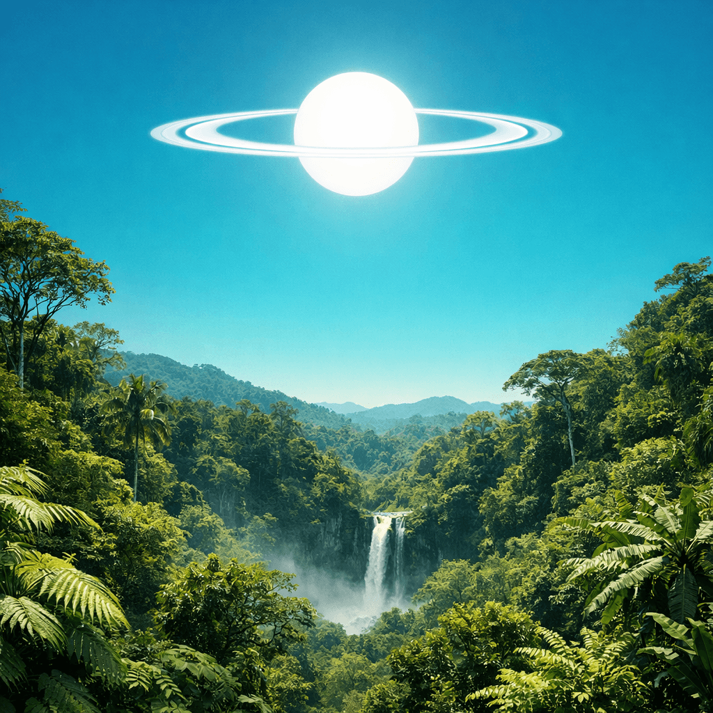 AI generated: a scenic landscape of a lush rainforest but the sky has a more teal color with no clouds and the sun...