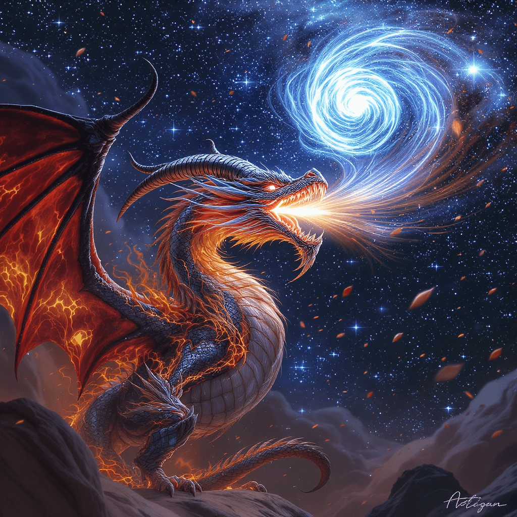 AI generated: In a realistic form, a fire and water dragon mixed with goat horns, wearing vibranium dragon scaled ...