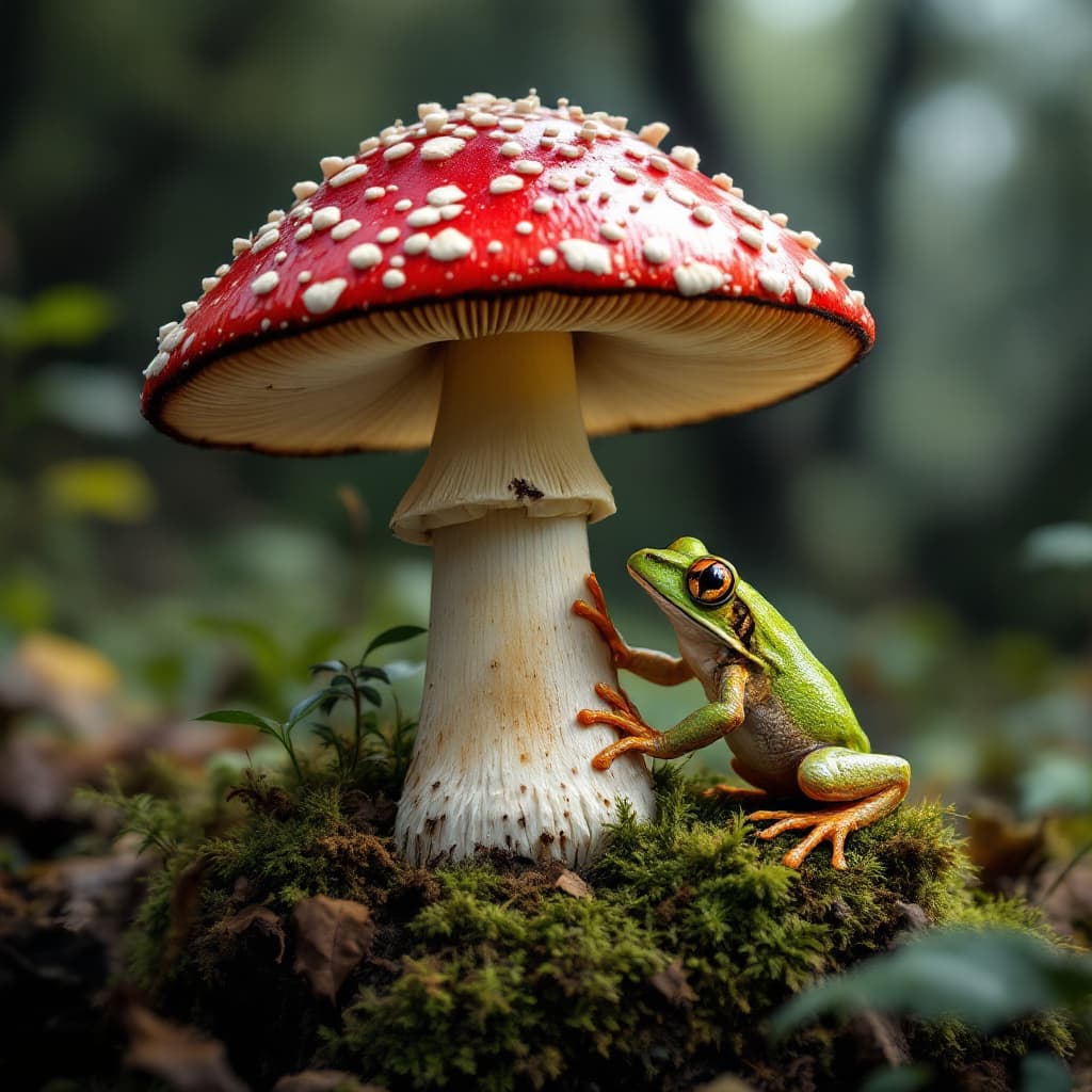 AI generated: Amanita mushroom and a tree frog