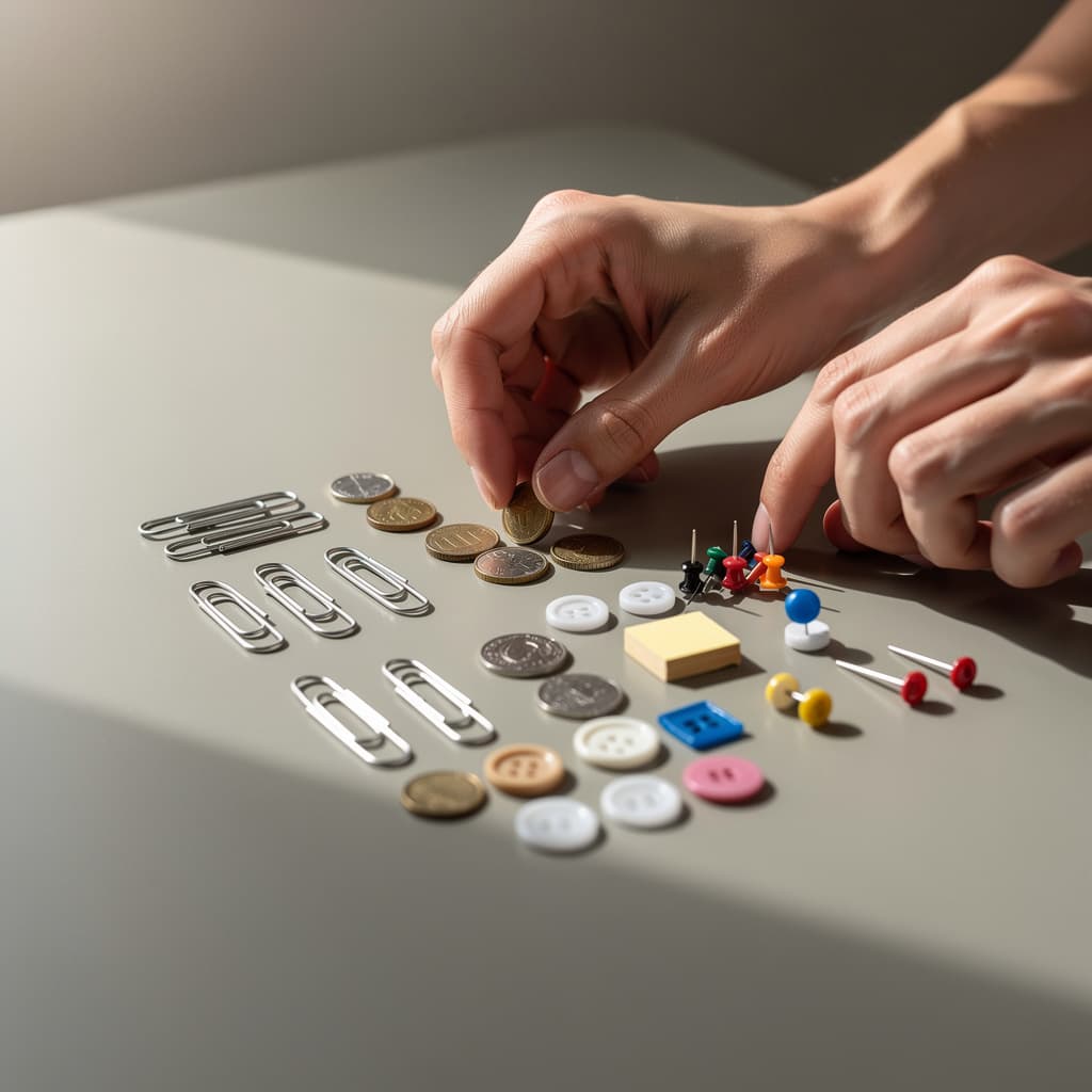 AI generated: Hands organizing small objects on a plain table