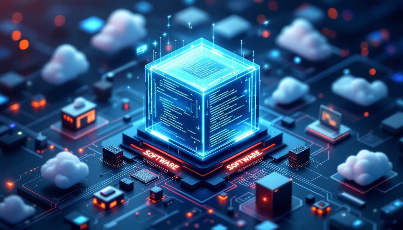 AI generated: make a 3D image that illustrates software integration through elements: “architecture”, “components”...