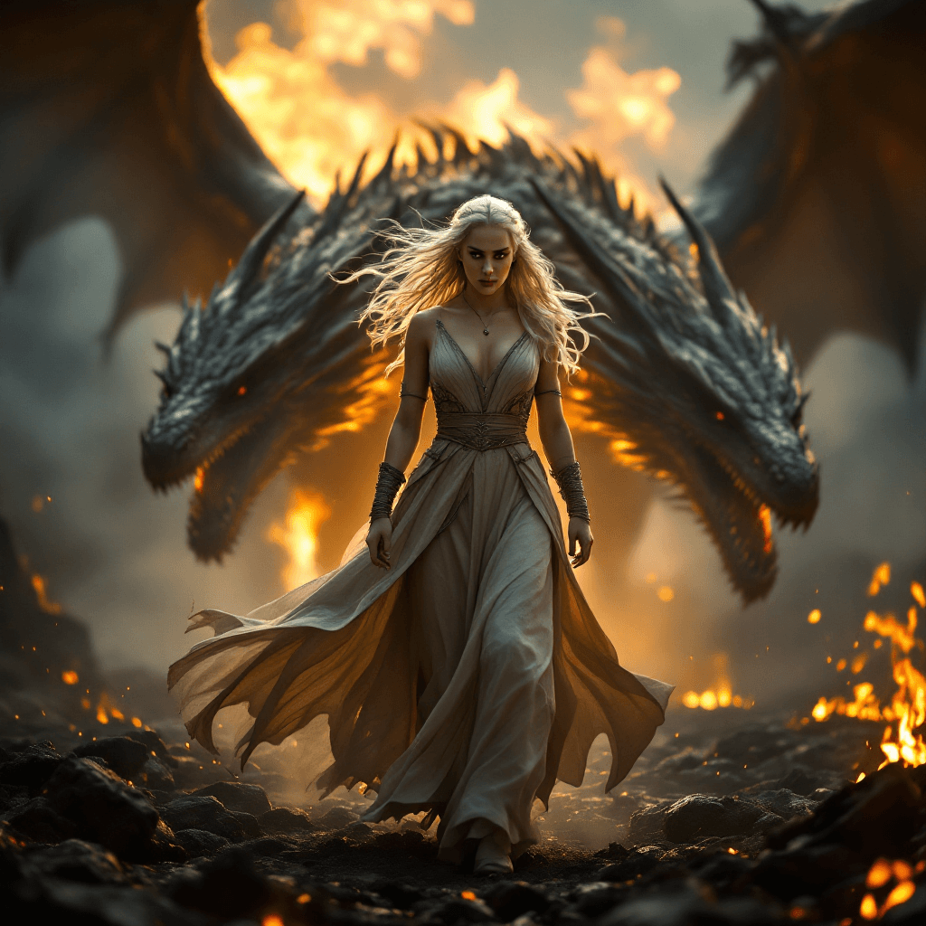 AI generated: Daenerys Targaryen walking forward powerfully, full height, fierce expression, hair and flowing dres...